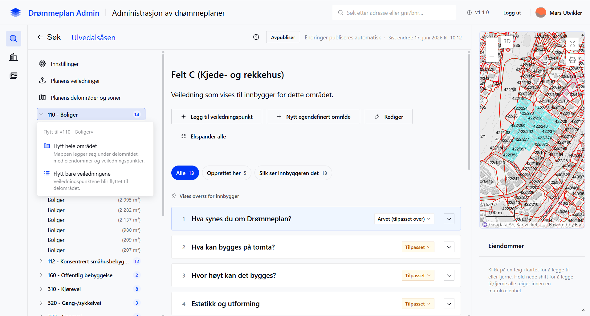 Dra-og-slipp-meny med valgene Flytt hele området og Flytt bare veiledningene