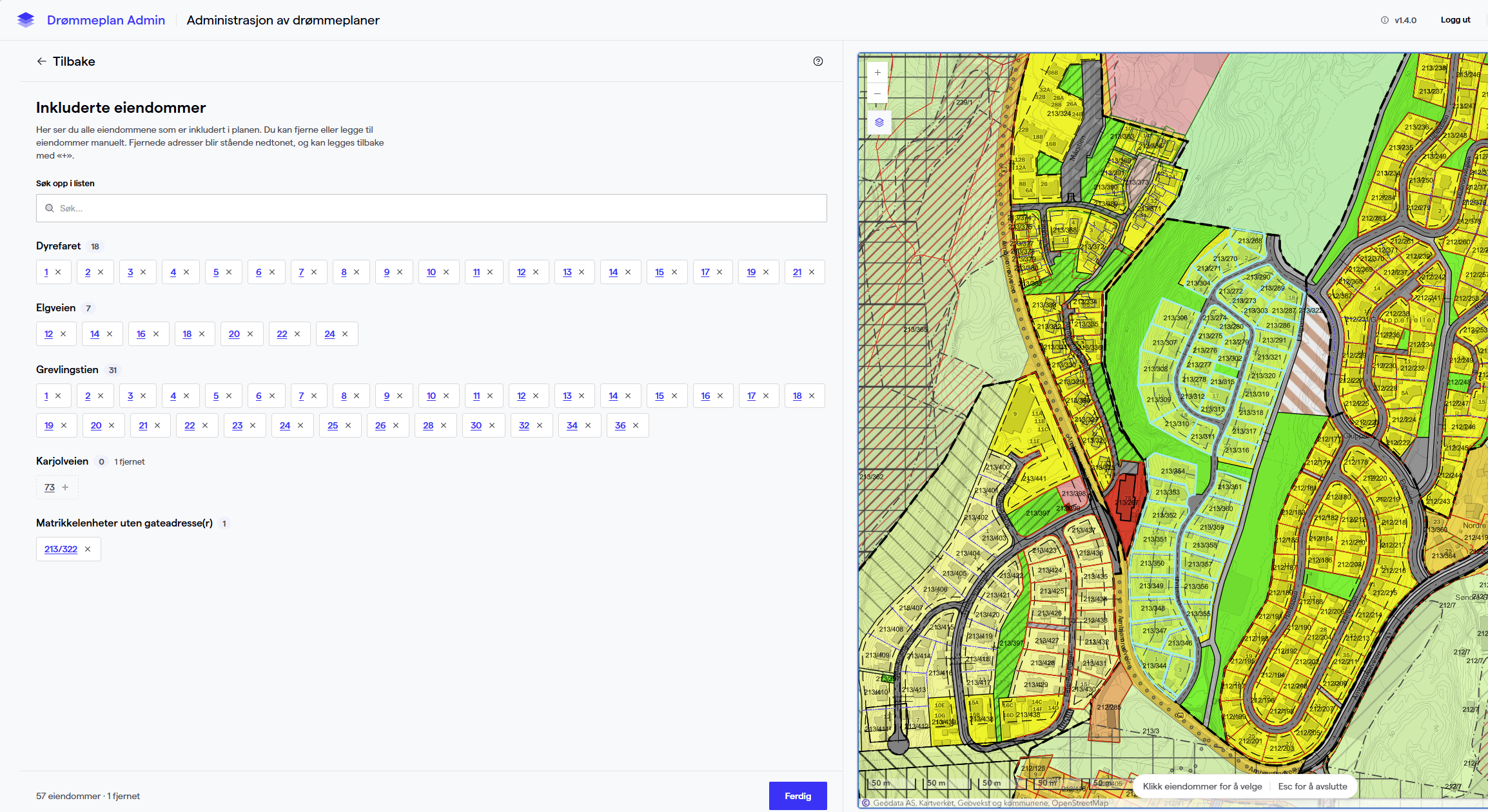 Inkluderte eiendommer med mulighet til å fjerne og legge til eiendommer