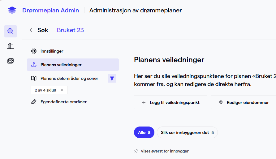 Navigasjonsmenyen med de fire valgene i planen