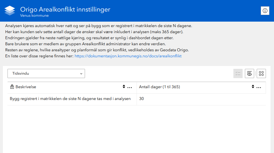 Innstillingssiden med raden for tidsvindu